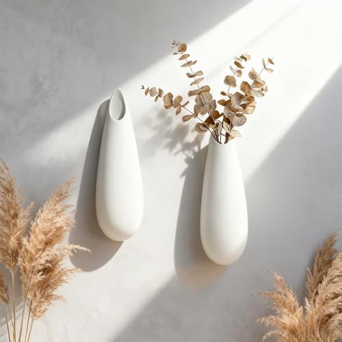 White Ceramic Wall Vases, Set of 2, 12 Inch, Teardrop Design - Image 3