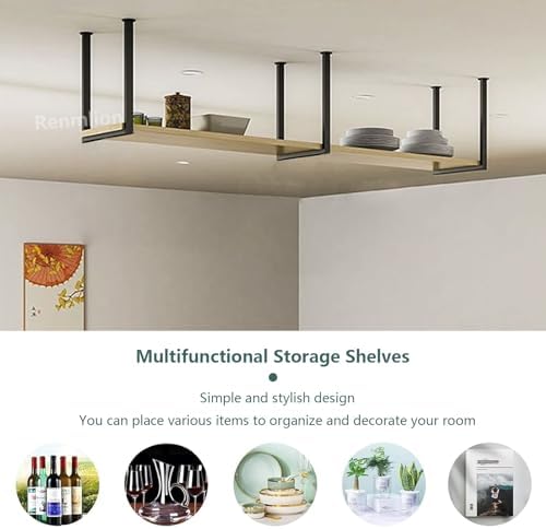 Modern Ceiling Shelf Floating Wine Rack - Ceiling Hanging Holder Storage Shelving Kitchen Pot Pan Shelves Spice Rack Organizer Decoration Display Flower Stand(100x30x40cm) - Image 6