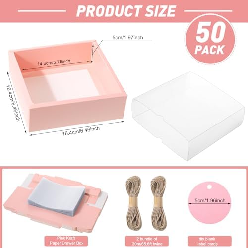 Roowest 50 Sets Gift Boxes Kraft with Tags, 6.5 x 6.5 x 2 Inch, Pink - Image 2