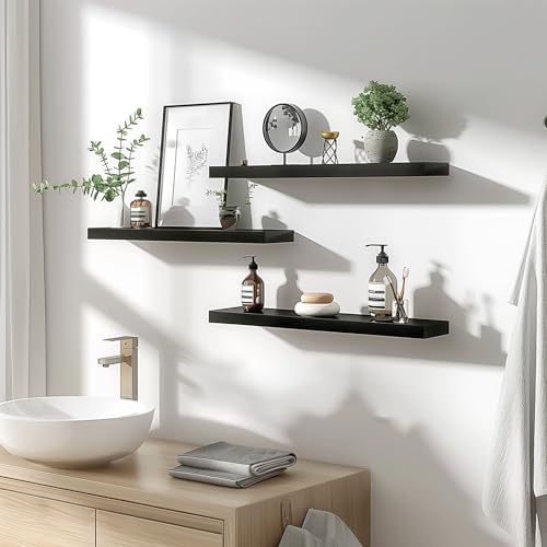 YYWUOJJ Wood Floating Shelves for Wall Decor, Rustic Wall Shelves for Bedroom Bathroom Kitchen Living Room, Set of 4 Black 24 Inch - Image 2