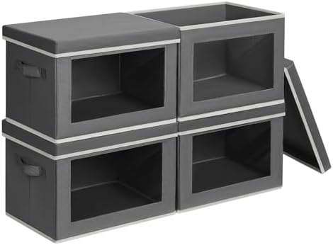 Homsorout Stackable Storage Bins with Lids - Medium Storage Box with Lids, Foldable Closet Boxes for Organizing, Wardrobe Clothes Organizer with Window, Cubes Bins for Living Room, 4 Pack, Dark Grey by Homsorout