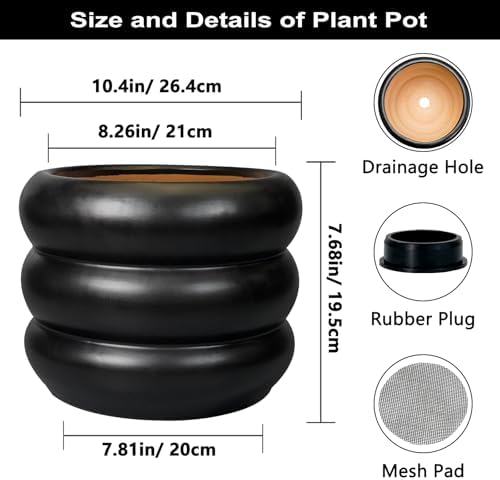 SQOWL 10 Inch Pot for Plants - Ceramic Planter for Indoor Plants Large Plant Pot with Drainage Hole Outdoor Flower Pot Decorative Round Planter for Porch House Decor Black - Image 3