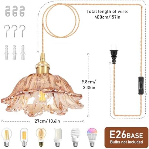 Plug in Pendant Light Fixtures,Hanging Light Fixture Amber Glass Pendant Light 10.6in E26 Pendant Lighting for Kitchen Island, Bedroom, Dining Room, Living Room - Image 3