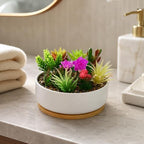 LOGOFUN White Ceramic Succulent Planter Pot with Bamboo Tray - Round - Image 6