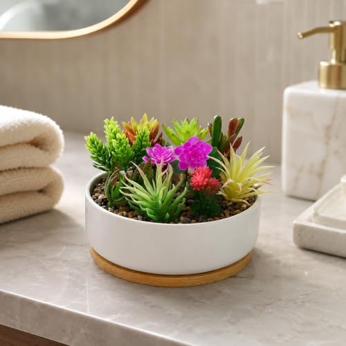 LOGOFUN White Ceramic Succulent Planter Pot with Bamboo Tray - Round - Image 6
