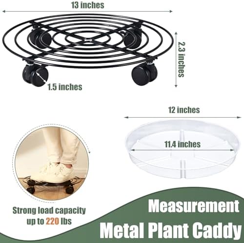 8 Packs Large Metal Plant Caddy with Wheels 13" Rolling Plant Stands Heavy-Duty Wrought Iron Plant Roller Base Pot Movers Plant Saucer on Wheels Black - Image 4