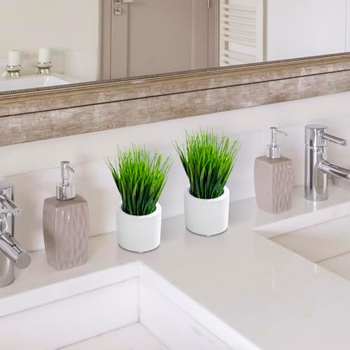 MyGift Artificial Grass Plants in Modern Cylindrical White Cement Pots, Decorative Faux Greenery Plant in Tabletop Planter, Set of 2 - Image 4