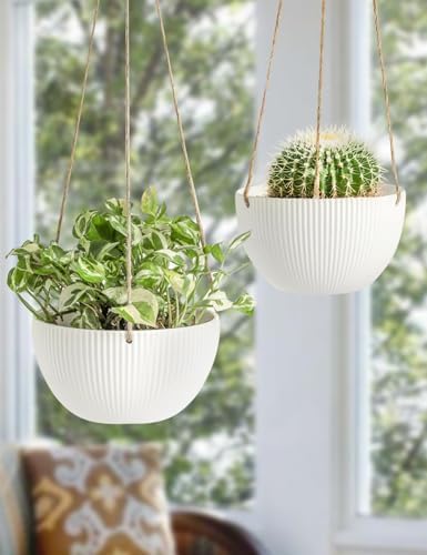 UBEE Ceramic Hanging Planters Indoor Outdoor, 7.5 Inch + 6.5 Inch Hanging Flower Pot for Plants Hanging Basket for Succulent Pothos Herbs Window Home Decor, 2 Pack, White - Image 4