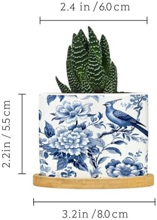Blue Indigo Floral Chinoiserie Ceramic Planter Asian Navy Bird Pots for Plants with Drainage Holes and Saucers Pot for Home Office Desk Garden - Image 2
