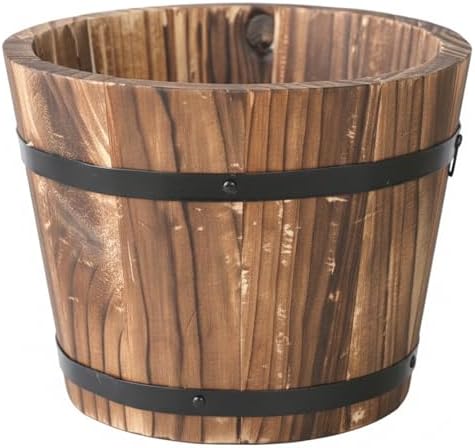 Whiskey Barrel Planter - Vintage-Style Carbonized Wooden Planter with Drainage Hole, Rustic Large Plant Pot for Succulents, Herbs & Home Decor, L Wine Barrel Wooden by Unknown