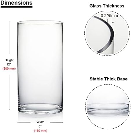 Enova Floral Clear Glass Flower Vase, 6W x 12H Inches Cylinder Vase, Pillar Candle Floating Candle Holders, Tall Cylinder Glass Vase for Flowers, Round Glass Vase for Home Decor, Wedding (Pack 4) - Image 2