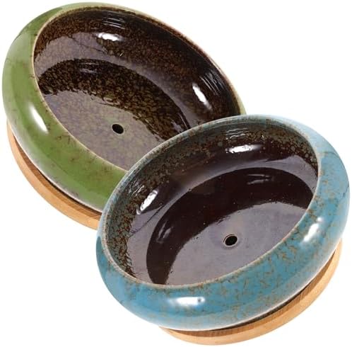 2 Sets Ceramic Flower Pot with Tray, Decorative Plants Pots for Succulent by SOLUSTRE