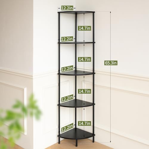 Yoobure Corner Shelf Stand, 5-Tier Bookshelf, 65" Tall Shelves for Bedroom, Living Room, Narrow Display Bookcase, Black with Display Shelves for Office - Image 2