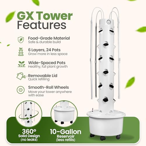 GX Hydroponic Tower | Vertical Planter Tower | Hydroponics Growing System Kit | Food Grade with 24 Net Pots (with LED Grow Lights) - Image 4
