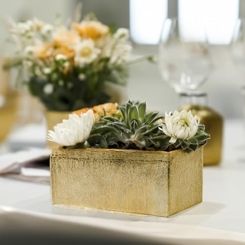 WGVI Long Rectangle Ceramic Planter Vase in Gold Etched 12" x 4" x 4"H, Block Rectangular Terrarium Box Pot, Flower Arrangement, Table top Centerpiece, Home Decor Storage Container, 1 Pc. - Image 6