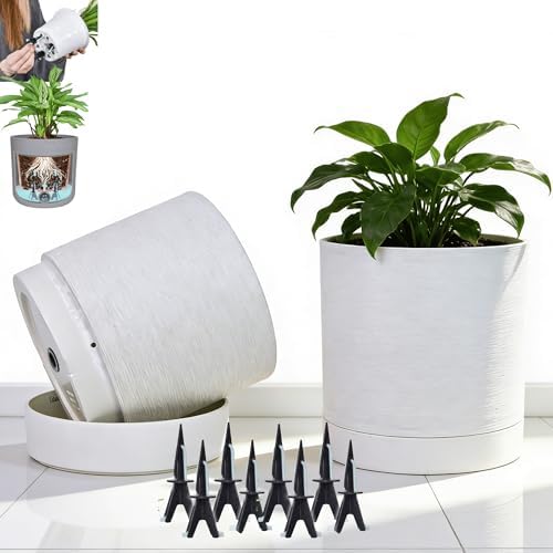 GreenShip Planter Set of 2 (13.8" & 11.8") – Cylinder Planters with Drainage Hole and Planter Saucer, Jun Porcelain Clay & Recycled Resin, Decorate Home,Office & Outdoor,White pots - Image 3