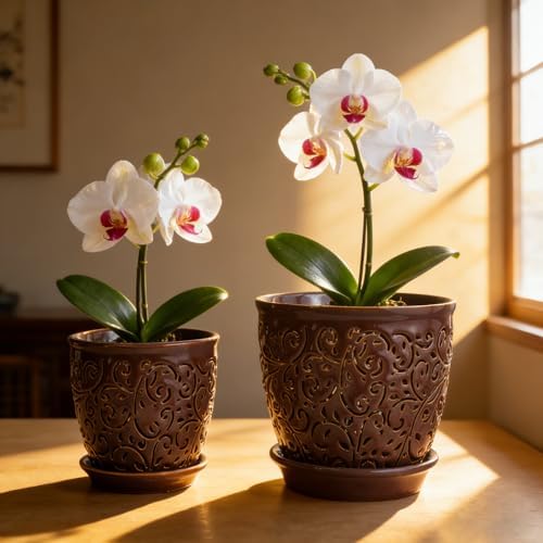 Orchid Pots with Holes, Ceramic Planter Flower Pot for Orchids Indoor Outdoor with Drainage and Saucer, Macetas para Orquídeas,Large 6.5 Inch, 5.3 Inch (Grape Color) - Image 2