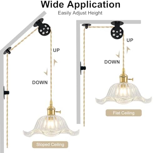 Plug in Pendant Light Vintage 2 Pack, Adjustable Pulley Hanging Lamp with Clear Lily Glass Shade, Brass Hanging Lights with Plug in Cord, Gold Hanging Pendant Light for Bedroom Living Room Kitchen - Image 5