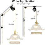 Plug in Pendant Light Vintage 2 Pack, Adjustable Pulley Hanging Lamp with Clear Lily Glass Shade, Brass Hanging Lights with Plug in Cord, Gold Hanging Pendant Light for Bedroom Living Room Kitchen - Image 5