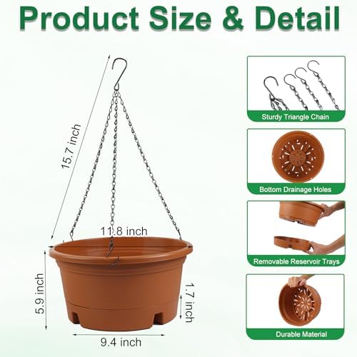 4 Pack 12 Inch Large Plastic Hanging Planters for Outdoor Plants - Image 2