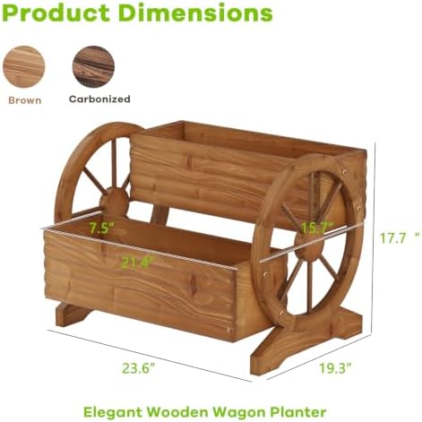 Wood Wagon Planter for outdoor Plants Cute Garden Flower Pots Cart Porch, L - Image 3