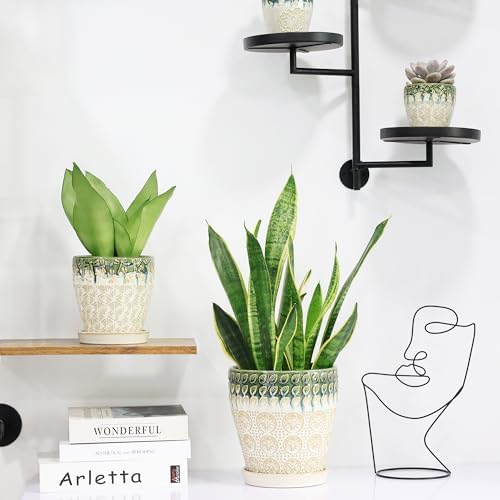 Ceramic Planter Pots for Indoor Plants, 8Inch + 6 Inch Plant Pot with Drainage Holes, Saucers and Mesh Pads, Succulent Orchid Flower Pot -Set of 2 - Image 2