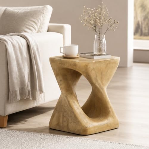 Twisted Solid Wood Accent Table, Hand-Carved Sculptural End Table, 12x12x16 inch Rustic Wooden Stool, Modern Geometric Side Table for Living Room Bedroom, Natural Wood Nightstand Plant Stand by Unknown