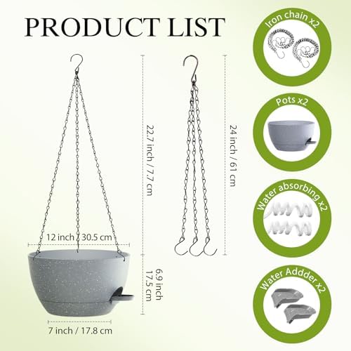 12 Inch Hanging Baskets 2 PC with Chains, Self-Watering Hanging Planters for Indoor Outdoor Plants, Plastic Hanging Flower Pots,Speckled Grey - Image 2