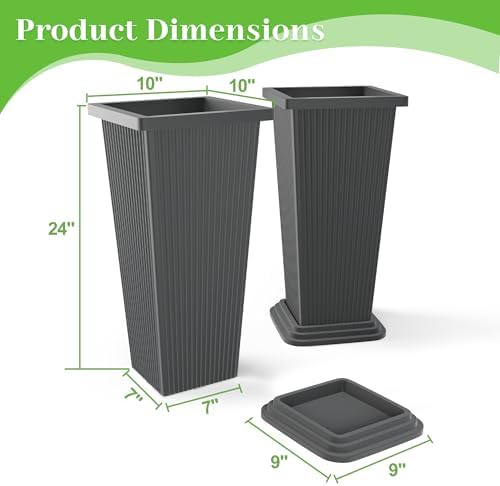 FENCY Set of 2 Tall Planters for Outdoor Plants, Gray Ribbed - Image 3