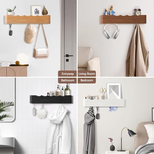 Coat Rack Wall Mount with Hidden Hooks, Wall Hooks with Shelf, Wall Key Holder Mount Wooden Shelf Entryway Hooks for Bedroom Bathroom for Hanging Coats Hats Bags Towels (Oak Wave-Shape, 5 Hooks) - Image 4