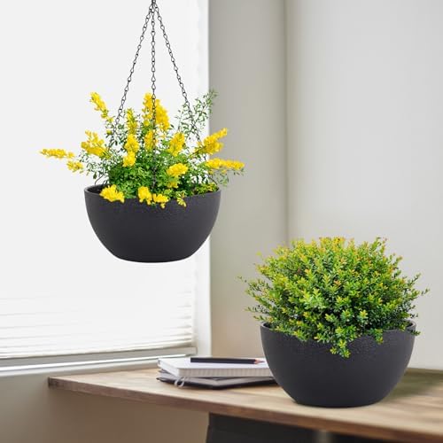 Meowell 12 inch Large Hanging Planters for Indoor Outdoor Plants, 2 Pack Hanging Flower Pots with Drainage Holes and Chain for Garden Porch, Plastic Hanging Baskets for House Plants, Black - Image 5