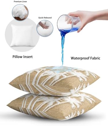 Outdoor Pillow Waterproof 1 Pack, Tropical Palm Tree Patio Throw Pillows for Couch Bed Sofa with Insert, Vintage Tan Exotic Botanical Plants Decorative Travel/Reading/Camping Pillow Set 16x16 Inch - Image 7