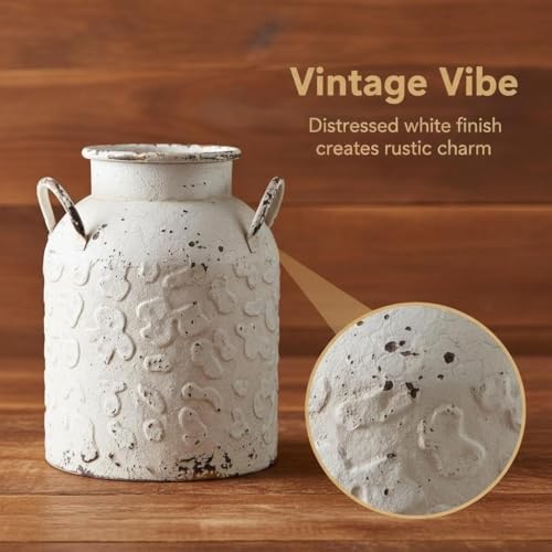 Vintage Distressed White Milk Can Planter, 11 Inch Rustic Iron Decorative Flower Pot, Classic Shabby Chic Plant Pot for Indoor Outdoor Table Mantel Entryway Home Decor (11" H x 8.3" W) (A2571) - Image 3