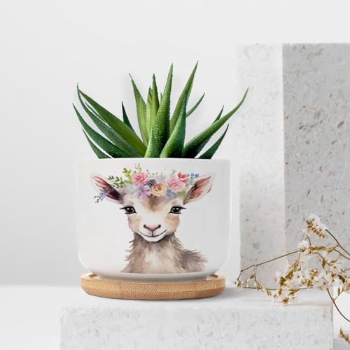 Baby Goat Flower Crown Planter Ceramic Farm Animals House Round Flower Pot with Drainage Holes and Bamboo Tray Pot for Home Desktop Office Windowsill - Image 7