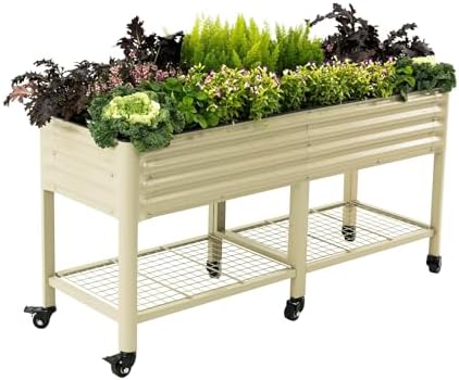 Vego garden Rolling Elevated Raised Garden Bed, 2' x 6' Outdoor Planters Boxes with Legs & Storage Rack for Patio, 1000 Lbs Weight Capacity, Raised Beds for Gardening, Pearl White by Unknown