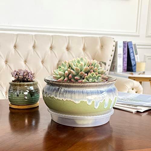 7 Inch Glazed Terracotta Plant Pot Round Ceramic Succulent Planter Pot with Drainage and Saucer Cactus Clay Pot (Green Flowing Glaze) - Image 4