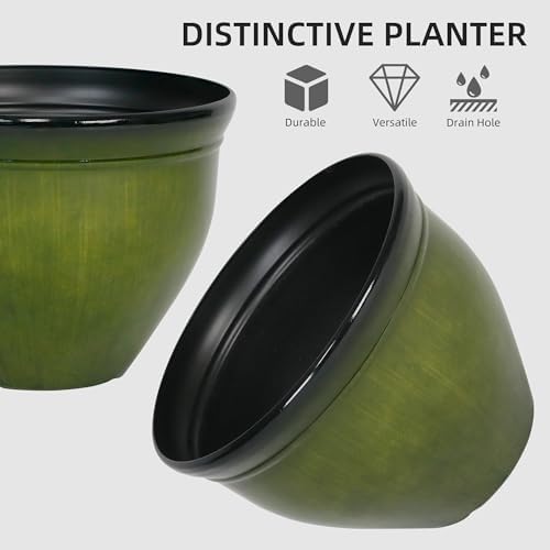 Worth Garden 12-Inch Dia. Round Green Plastic Planters with Drain Holes, 9.5-Inch Height - 4-Pack Glossy Finish Bell-Shaped Plant Pot – Lightweight Indoor/Outdoor Flower Pots - Image 2