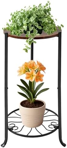 Plant Stand Indoor, 2 Tier Wood Round Potted Holder Rack, 27 " Tall Flower Pot Stand Shelf, Round Supports Plant Stand for Large Plants, Corner Plant Shelf for Balcony Garden Patio Living Room, Brown by Elevateyourspacenaturally