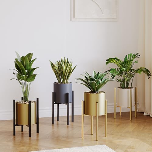 Metal Plant Pot with Adjustable Stand, Mid Century Modern Planter Holder Capacity of 160LB for 8 to 14 Inch, Living Room Garden Bedroom Office Indoor Outdoor Beige & Golden - Image 5