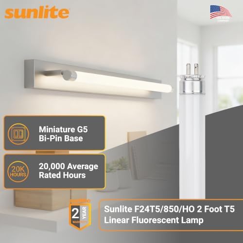 Sunlite 30414 F24T5/850/HO 2 Foot T5 Linear Fluorescent Lamp, 24 Watts, 1800 Lumens, 6500K Daylight, Miniature G5 Bi-Pin Base, ROHS Compliant, High Performance Straight Tube, 40 Pack - Image 2