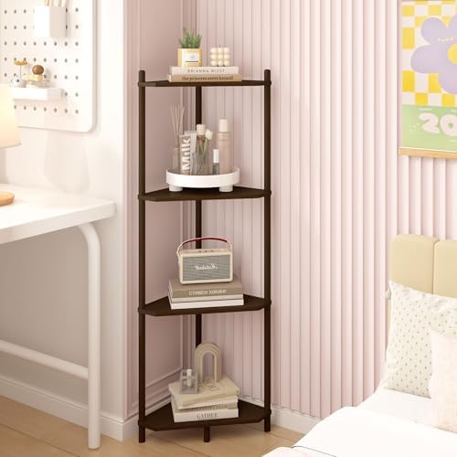 Wisuce Brown Small Corner Shelf Stand, 4-Tier Bamboo Corner Bookshelf - Image 6