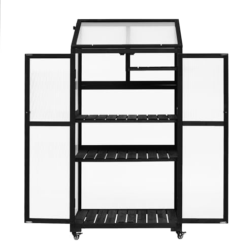 Small Greenhouse 62" H Cold Frame Portable Greenhouse with Lockable Wheels Openable Roof and Adjustable Shelves 3-Tier Wooden Greenhouse Cabinet for Indoor Outdoor Patio Balcony Garden, Black - Image 3