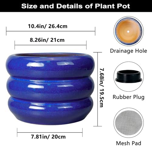 SQOWL Ceramic Plant Pot - 10 Inch Planter for Outdoor Plants Indoor Plant Pot with Drainage Hole Large Planter Decorative Modern Flower Pot for Home Office Decor Blue - Image 3
