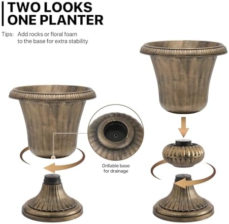MoNiBloom 20-Inch Plastic Urn Planter Vase – Vintage Roman Flower Pot for Indoor & Outdoor Plants, Patio, Garden, Wedding Decor, Lightweight & Drainage Hole, Retro Home Porch Decor (Brass) - Image 3
