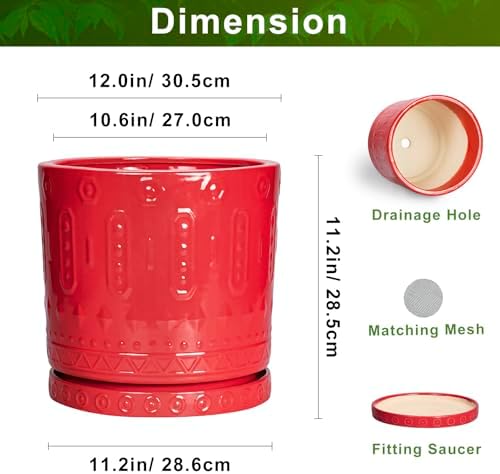 Eightpot 12 Inch Pots for Plants, Ceramic Pots for Plants Indoor Outdoor, Round Flower Pot with Drainage Holes and Saucers, Modern Decorative Planter, Home Porch Decor, Gardening Gifts, Red - Image 2