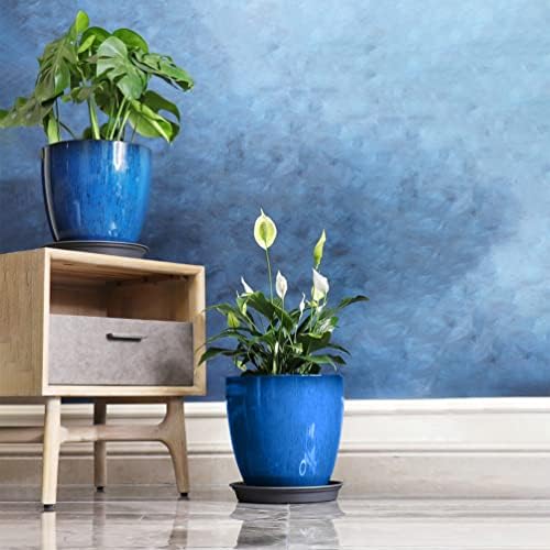 FixtureDisplays® Garden Plastic Round 11.8" Diameter 12" Tall Planter Resin Glazed Faux Ceramic Flower Pots Drainage Hole with Saucer Decorative Pot 15580-NF - Image 4
