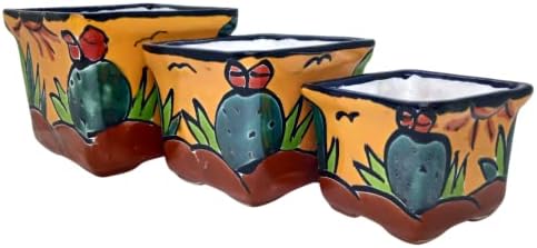 Talavera Hand-Painted Flower Pots (Set of 3) - 2.8" Cactus Design - Authentic Mexican Pottery Planters for Succulents by MEXTEQUIL
