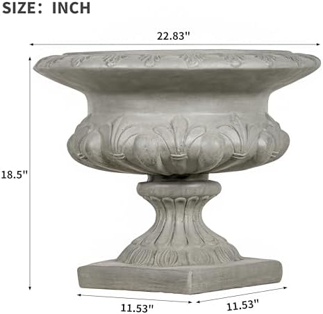 18.5"H Stately Wide Floral-Carved Pedestal Urn Planter – Weather-Resistant MGO Outdoor Flower Pot for Garden, Patio & Front Porch Entrance – Extra-Large Faux Stone Planter with Wide Base (Gray3) - Image 3