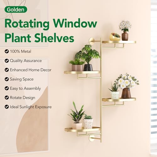 Rotating Window Shelves for Multiple Plants Indoor,4-tier Metal Corner golden Plant Stand Holder Floating Hanger Shelf for Wall，Windows Sill Gifts for Planter Lover to Enhance Home Decor - Image 2