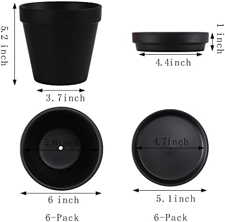 Yishang Large Terra Cotta Pots with Saucer- 6 Pack Large 6'' Terra Cotta Plant Pot with Drainage Hole, Flower Pot with Tray, Terracotta Pot for Indoor Outdoor Plant(Black) - Image 2